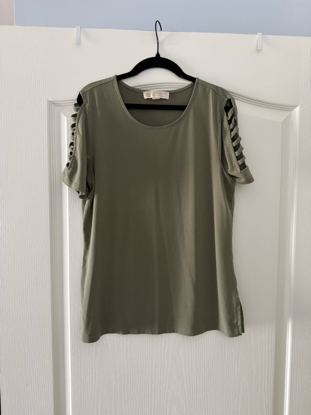 Michael Kors Olive Green Short Sleeve Top with Ladder Cutout Sleeves